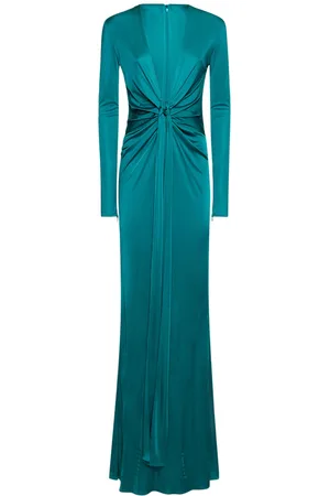 Roberto Cavalli Long Sleeve V Neck Maxi Dress W/ Knot