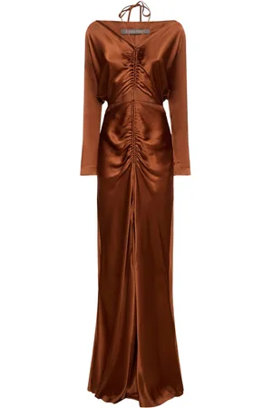 Alberta Ferretti Cut Out Draped Satin L/s Long Dress