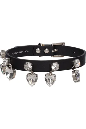 Alessandra Rich Leather Choker W/ Heart Pendants