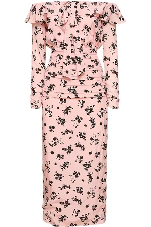 Alessandra Rich Printed Silk Off-the-shoulder Midi Dress