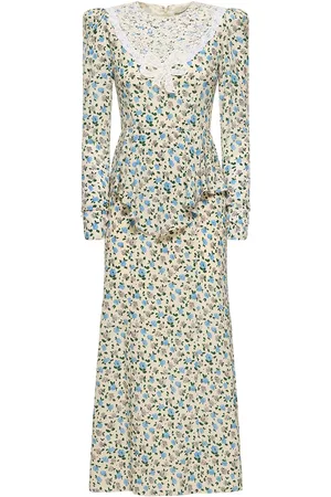 Alessandra Rich Printed Draped Silk Long Dress W/ Lace