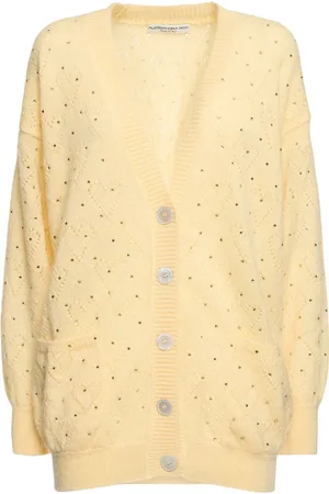 Alessandra Rich Knitted Mohair Long Cardigan W/ Crystals
