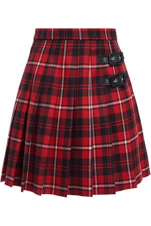 Alessandra Rich Pleated Wool Tartan Mini Skirt W/buckles