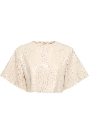 Msgm Sequined Lace Short Sleeve Crop Top