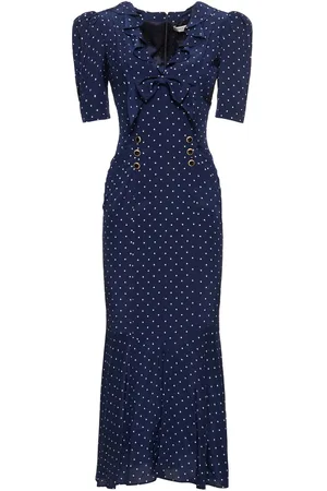 Alessandra Rich Polka Dot Print Silk Midi Dress W/ruffle