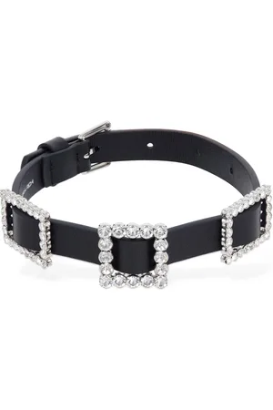 Alessandra Rich Leather Choker W/ Crystal Buckles