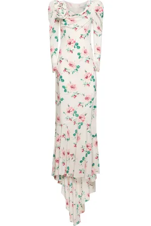 Alessandra Rich Rose Printed Silk Maxi Dress W/ Appliqué