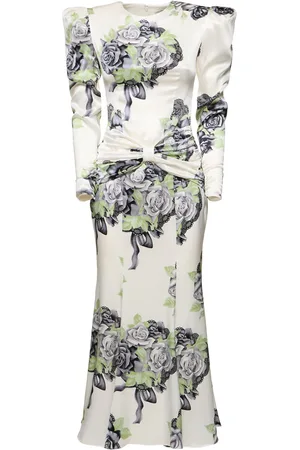 Alessandra Rich Rose Print Silk Satin Dress W/ Bow