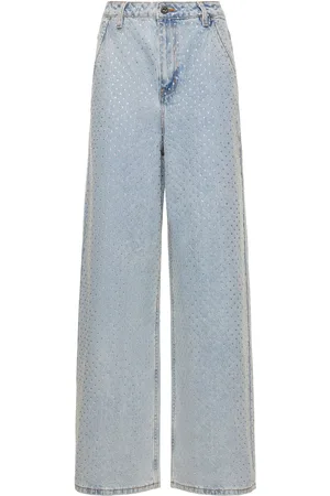 Self-Portrait Embellished Cotton Denim Wide Jeans