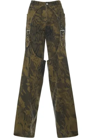 BLUMARINE Printed Denim Wide Jeans W/buckles