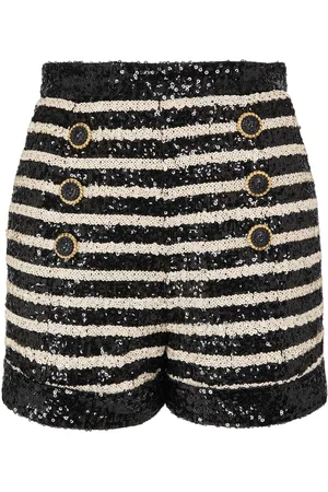 Balmain Striped Sequined High Rise Mini Shorts