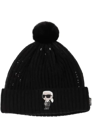 Karl Lagerfeld Tech Knit Hat W/pompon Appliqué