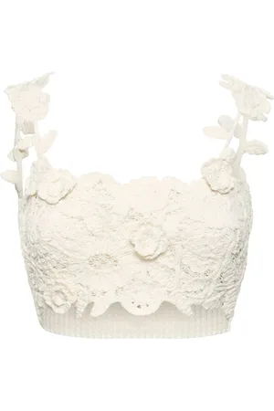 BLUMARINE Floral Macramé Cotton Blend Crop Top