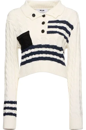 Msgm Striped Cable Knit Crop Polo Sweater