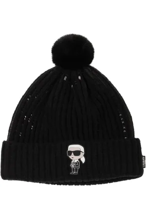 Karl Lagerfeld Tech Knit Hat W/pompon Appliqué