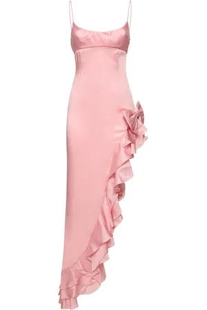 Alessandra Rich Laminated Satin Long Dress W/side Ruffle