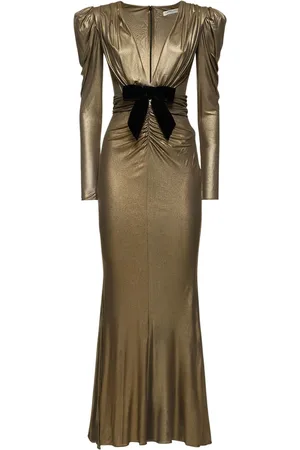 Alessandra Rich Laminated Ruched Cady V-neck Midi Dress