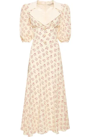 Alessandra Rich Printed Silk Twill Puffsleeve Midi Dress