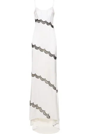 Alessandra Rich Silk Satin Long Evening Dress W/ Lace