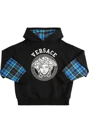 VERSACE Tartan & Logo Print Cotton Hoodie