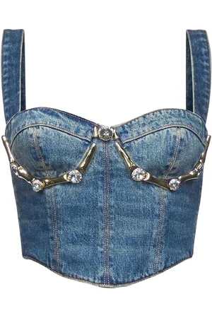 AREA Embellished Claw Cup Denim Bustier