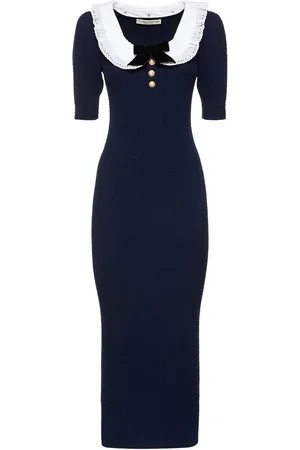 Alessandra Rich Cotton Blend Knit Midi Dress W/ Collar