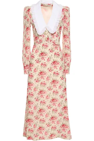Alessandra Rich Printed Silk Twill Midi Dress W/ Collar