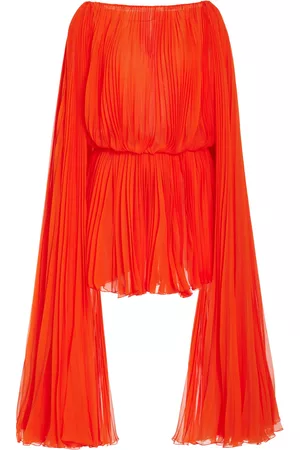 Oscar de la Renta Women Pleated Dresses - Women's Cape-Detailed Pleated Silk Chiffon Mini Dress - Red - US 0 - Moda Operandi