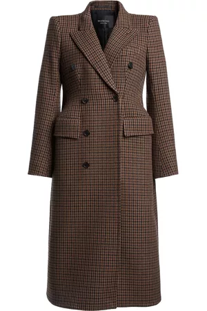 Balenciaga Women Coats - Women's Houndstooth Wool Double-Breasted Hourglass Coat - Brown - FR 34 - Moda Operandi
