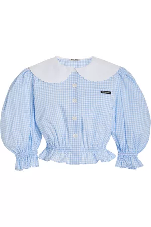 Miu Miu Women Crop Tops - Women's Collared Gingham Cotton Crop Top - Blue - IT 36 - Moda Operandi