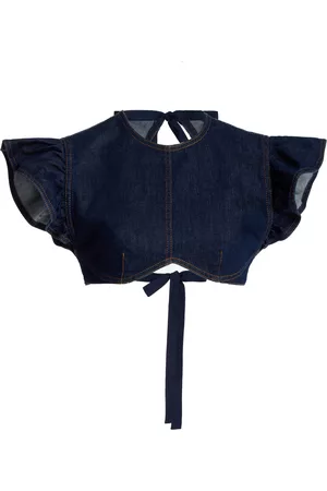 Serafini Women Crop Tops - Women's Ruffled Denim Cropped Top - Medium Wash - IT 36 - Moda Operandi