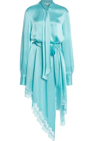 Stella McCartney Women Casual Dresses - Women's Lace-Trimmed Satin Mini Shirt Dress - Blue - IT 36 - Moda Operandi