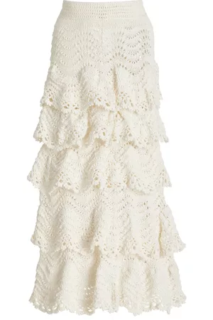 Oscar de la Renta Women Midi Skirts - Women's Tiered Crocheted Cotton Midi Skirt - White - XS - Moda Operandi