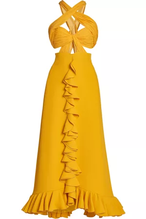 Giambattista Valli Women Midi Dresses - Women's Cutout Ruffled Cady Midi Dress - Yellow - IT 38 - Moda Operandi