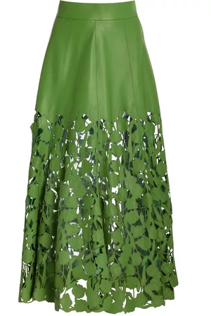 Oscar de la Renta Women Leather Skirts - Women's Lasercut Tulip-Hem Leather Skirt - Green - US 2 - Moda Operandi