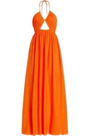 Simkhai Oleander Gathered Satin Maxi Halter Dress