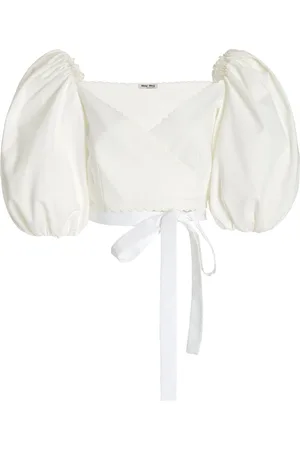 Miu Miu Puff-Sleeve Cotton Pique Cropped Wrap Top