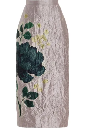 Erdem Floral Crinkled Satin Midi Skirt