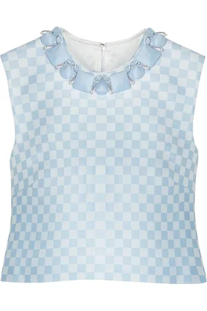 VERSACE Cropped Embroidered Damier-Print Duchess Satin Top