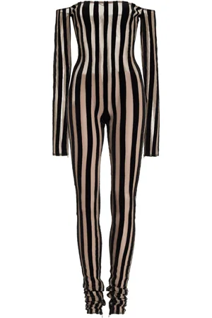LAQUAN SMITH Striped Off-The-Shoulder Velvet Catsuit
