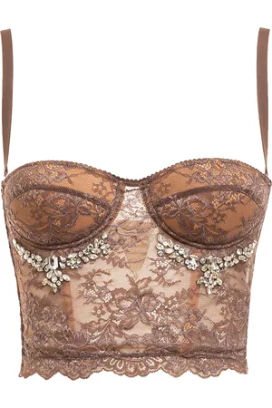 Des Phemmes Crystal-Embellished Lace Bustier Crop Top