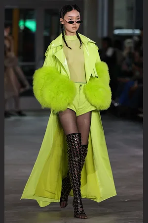 LAPOINTE Double-Breasted Vinyl and Marabou Trench Coat