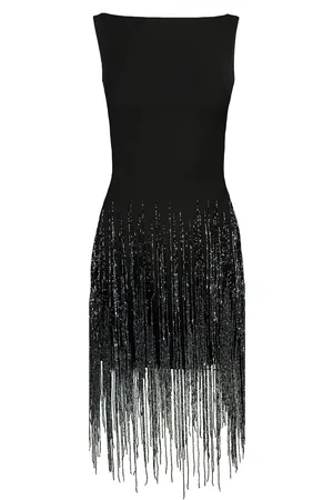 Naeem Khan Beaded Fringe Boat Neck A-Line Dress