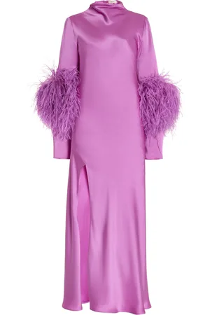 LAPOINTE Ostritch Trim Satin Midi Dress