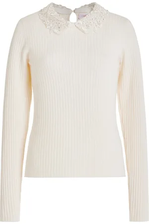 Carolina Herrera Embroidered-Collar Knit Wool Top