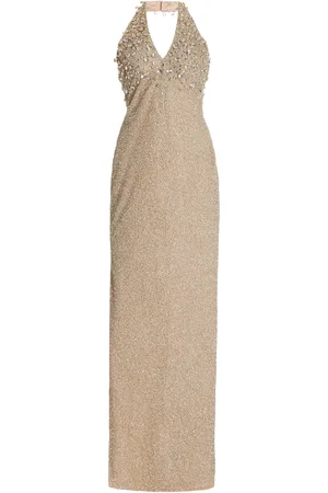 Pamella Roland Crystal-Embellished Lurex Halter Gown