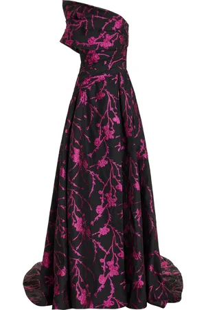 Pamella Roland Floral Fil-Coupe Asymmetric Draped Gown