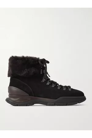BRIONI Men Fur Boots - Faux Fur-Trimmed Suede Hiking Boots