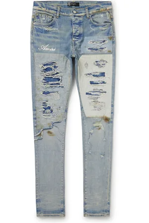 Amiri Blue Distressed Denim Patch Applique Detailed Slim Fit Jeans M Amiri