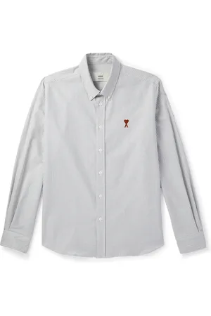 Ami Button-Down Collar Logo-Embroidered Striped Cotton Oxford Shirt - Men - - L